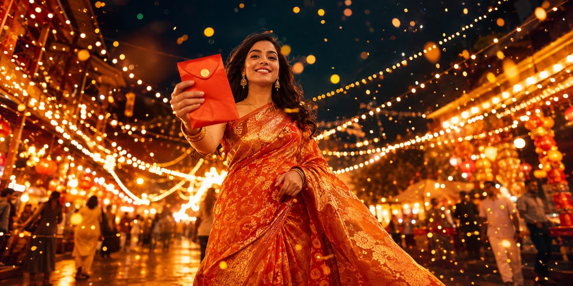 ময়মনসিংহে g13 বোনাস রেড এনভেলপ উদযাপন করছেন একজন বাংলাদেশি নারী